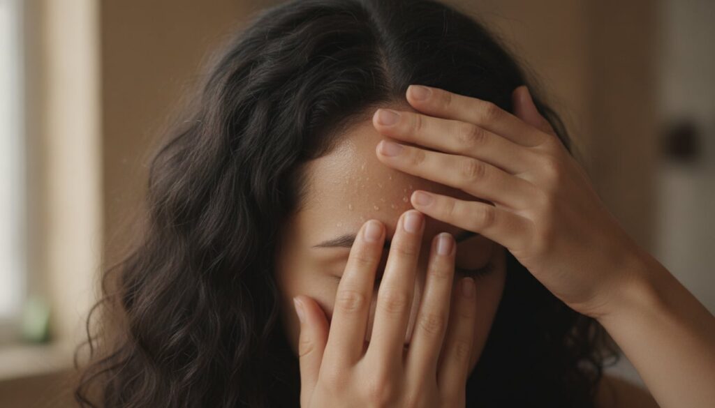 A woman gently massaging onion juice into her scalp with her fingertips focusing on the application process