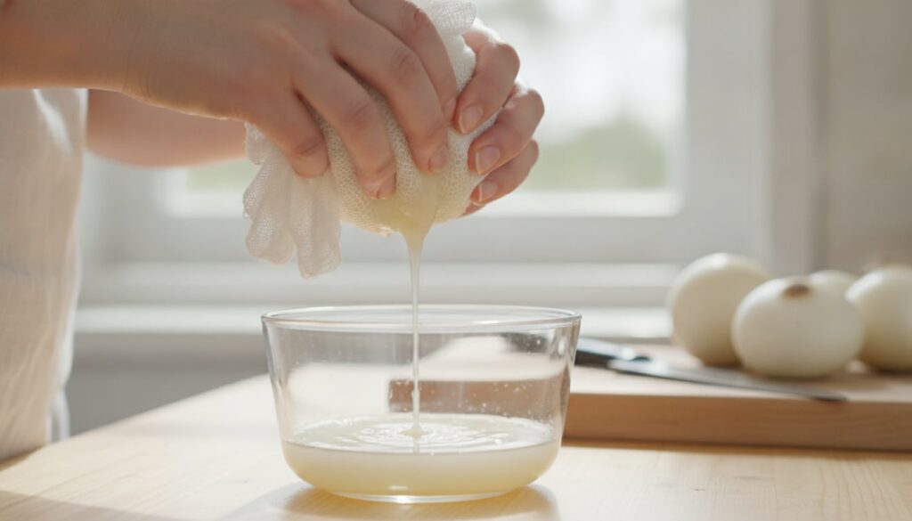 Hands squeezing onion pulp in a cheesecloth to extract juice into a bowl demonstrating the making process