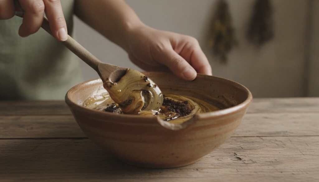 Close-up of hands mixing coffee grounds and honey in a small ceramic bowl with a wooden spoon