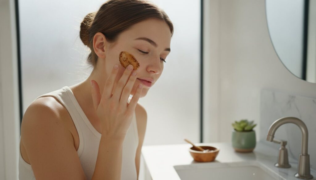 A woman gently applying a coffee and honey face mask to her cheek with her fingertips in a brightly lit bathroom