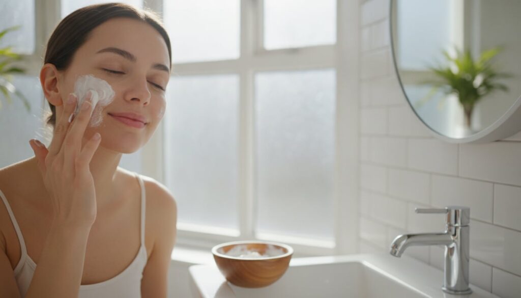A woman applying a homemade white face paste to her clean face with her fingertips