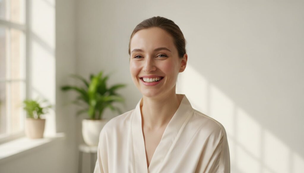 A woman smiling with clear radiant skin after using a face mask