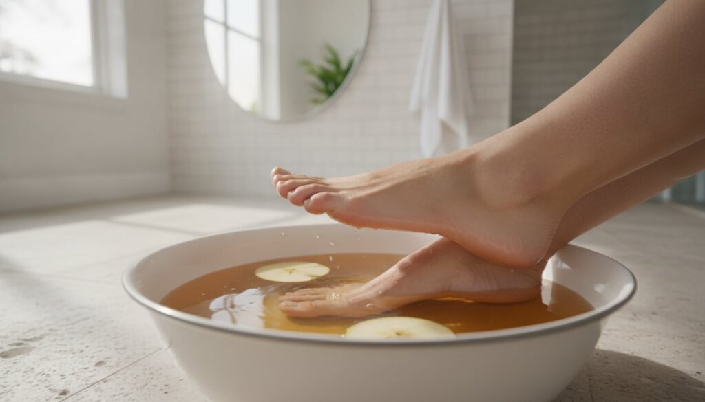 A person soaking their foot in a basin with the apple cider vinegar solution with attention on the toes The scene should