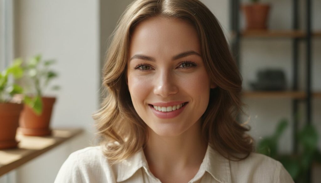 A woman smiling and confidently looking at her glowing clear skin suggesting the positive results of a beauty routine