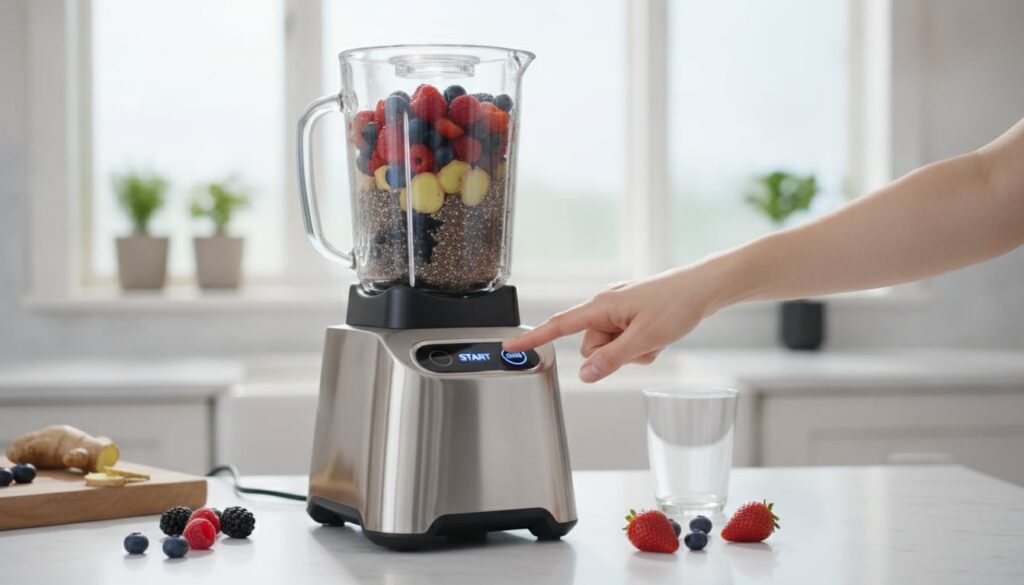 A blender with mixed berries ginger and chia seeds inside ready to be blended into a smoothie showing the preparation st
