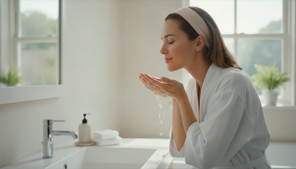 A woman with a serene expression gently cleansing her face in the morning showing clear refreshed skin