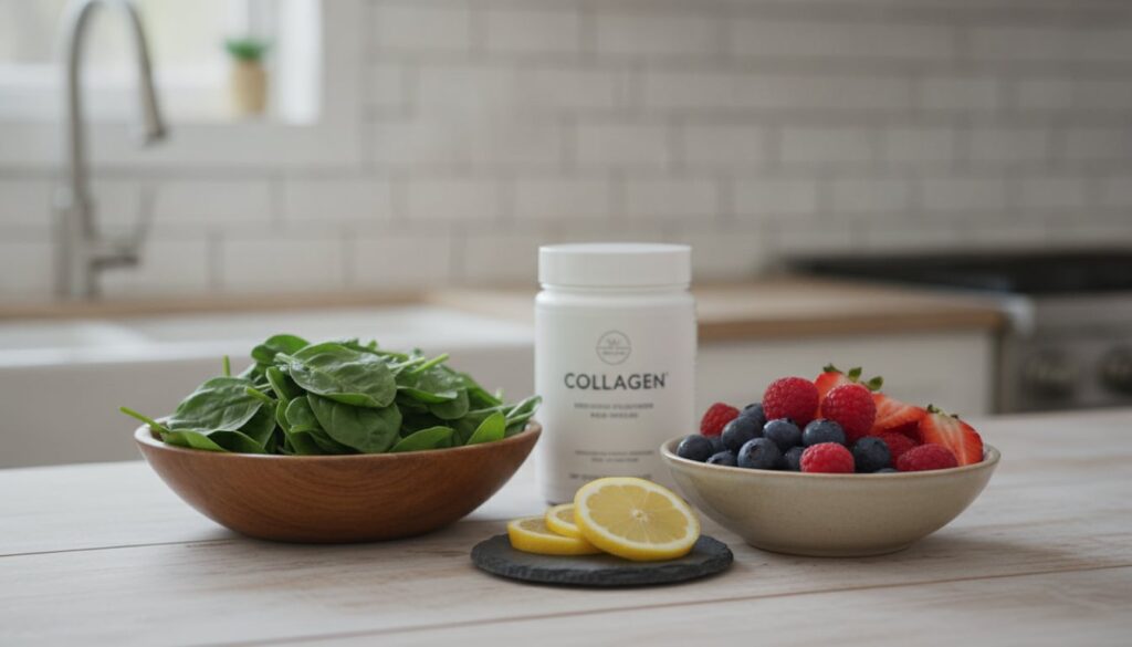 Various fresh ingredients for a beauty drink laid out on a clean counter spinach mixed berries lemon and a container of 