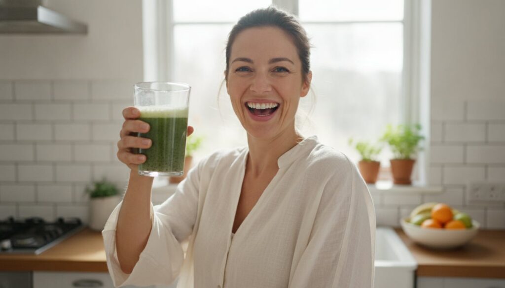 A woman smiling and holding a glass of a green beauty drink looking refreshed and healthy