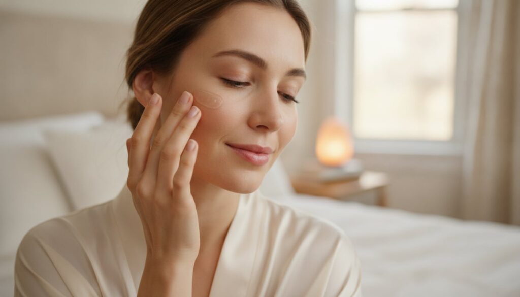 A woman gently applying a small amount of clear gel to her cheek before bed her skin looking soft and hydrated under sof