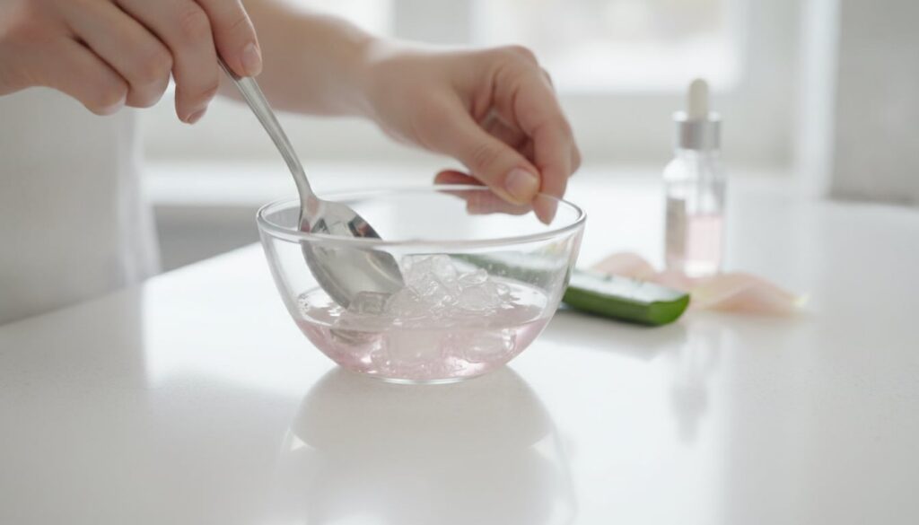 Hands mixing aloe vera gel glycerin and rose water in a small glass bowl with a spoon showing the smooth gel-like consis