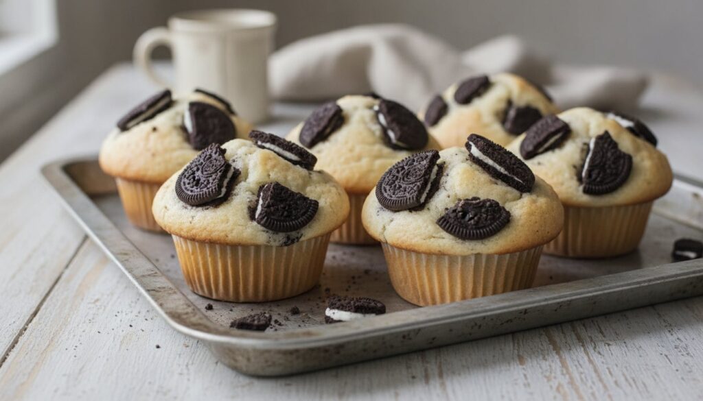 Soft white muffins studded with chunks of dark chocolate sandwich cookies some with a visible cream filling presented on