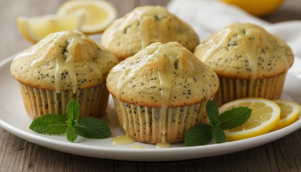 Fluffy lemon poppy seed muffins with a light glaze drizzled over them on a white serving plate next to fresh lemon slice