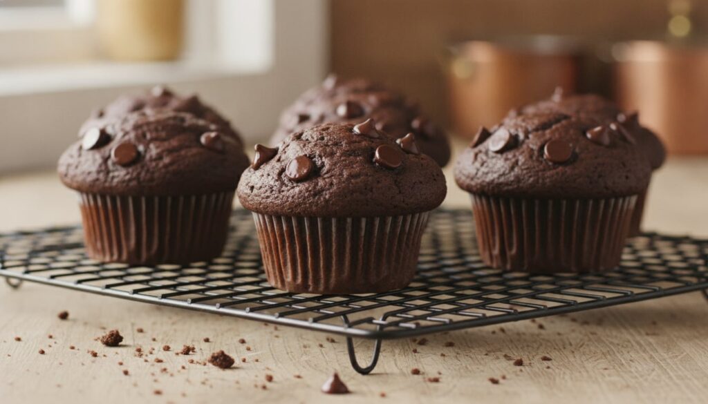 Rich dark double chocolate muffins with chocolate chips visible on top arranged enticingly on a cooling rack