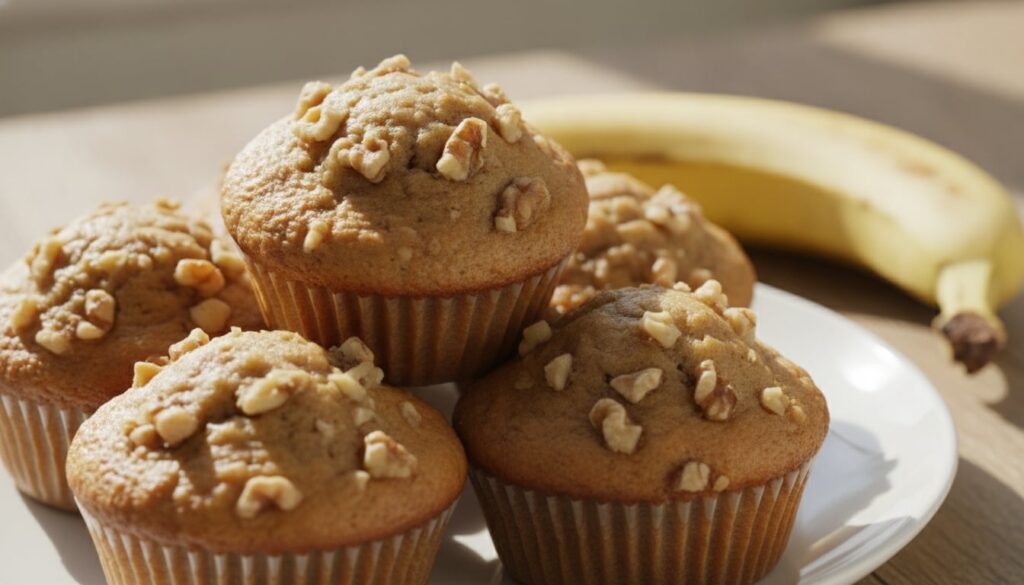 Golden-brown banana nut muffins with chopped walnuts on top arranged on a simple white plate with a ripe banana in the b