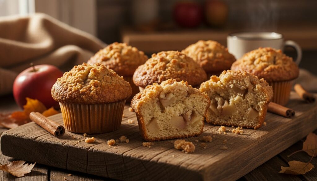 Warm apple cinnamon muffins with a streusel topping some sliced open to show soft interior and apple chunks on a wooden