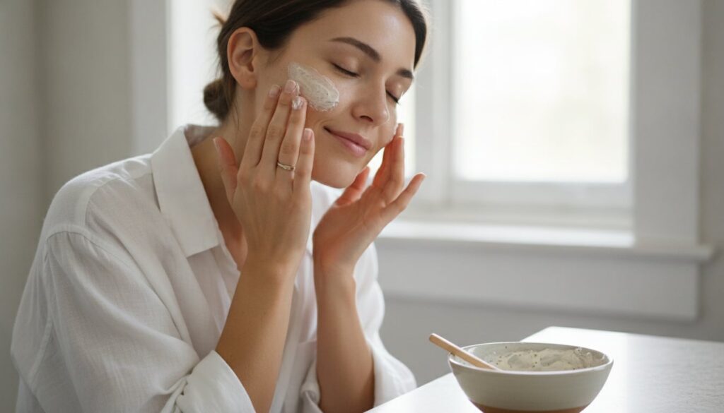 A woman gently applying a homemade cream to her face with her fingertips focusing on her cheek and forehead