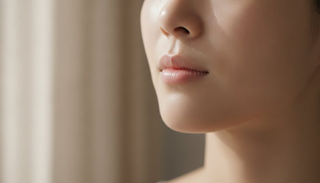 A close-up of a woman s radiant smooth skin on her cheek and jawline showing a healthy glow and even tone