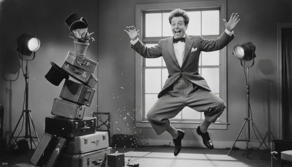 A black and white still of Jerry Lewis in a comedic scene from one of his films showcasing his physical humor