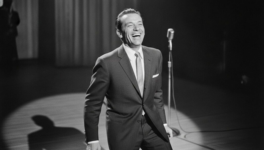 A black and white photograph of Jerry Lewis as an adult perhaps from the 1950s or 60s smiling brightly and looking energ