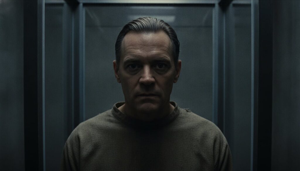 A movie still of Anthony Hopkins as Hannibal Lecter from The Silence of the Lambs showing his intense gaze
