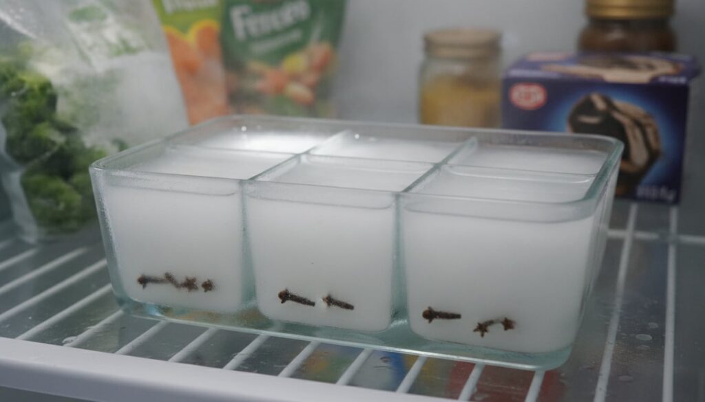 A clear glass ice cube tray filled with cloudy rice water with a few whole cloves visibly settled at the bottom of some