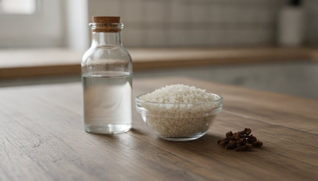 Ingredients for rice water ice cubes a bowl of uncooked rice a bottle of filtered water and a small pile of whole cloves