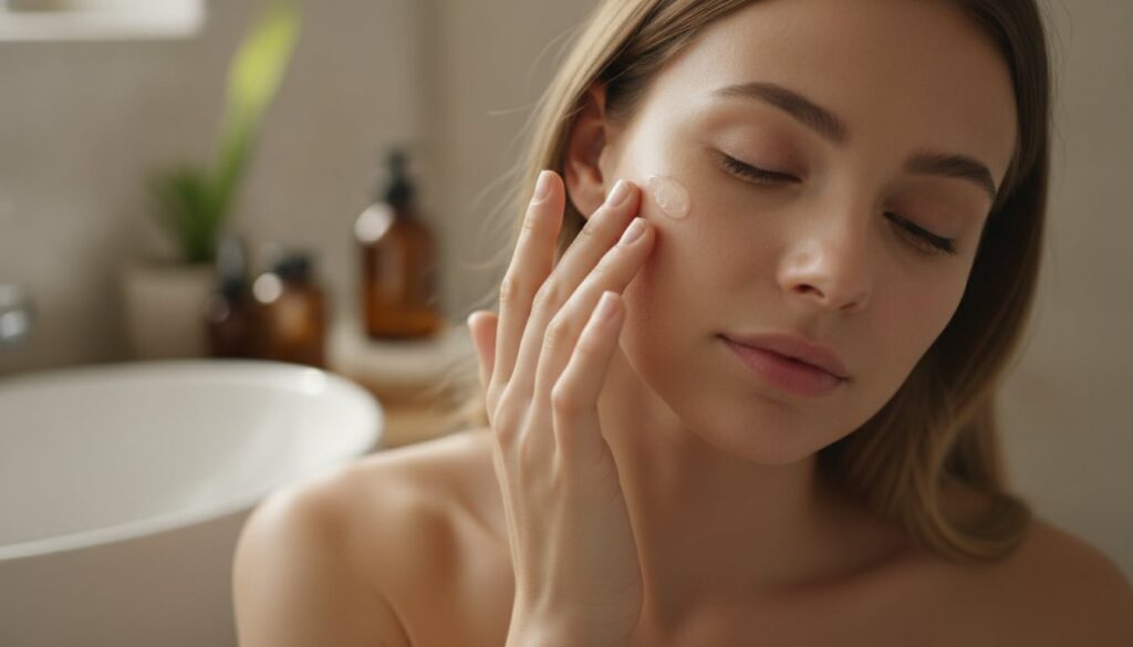 A woman gently applying a small amount of the homemade Vaseline and Vitamin E balm to her cheek demonstrating careful ap