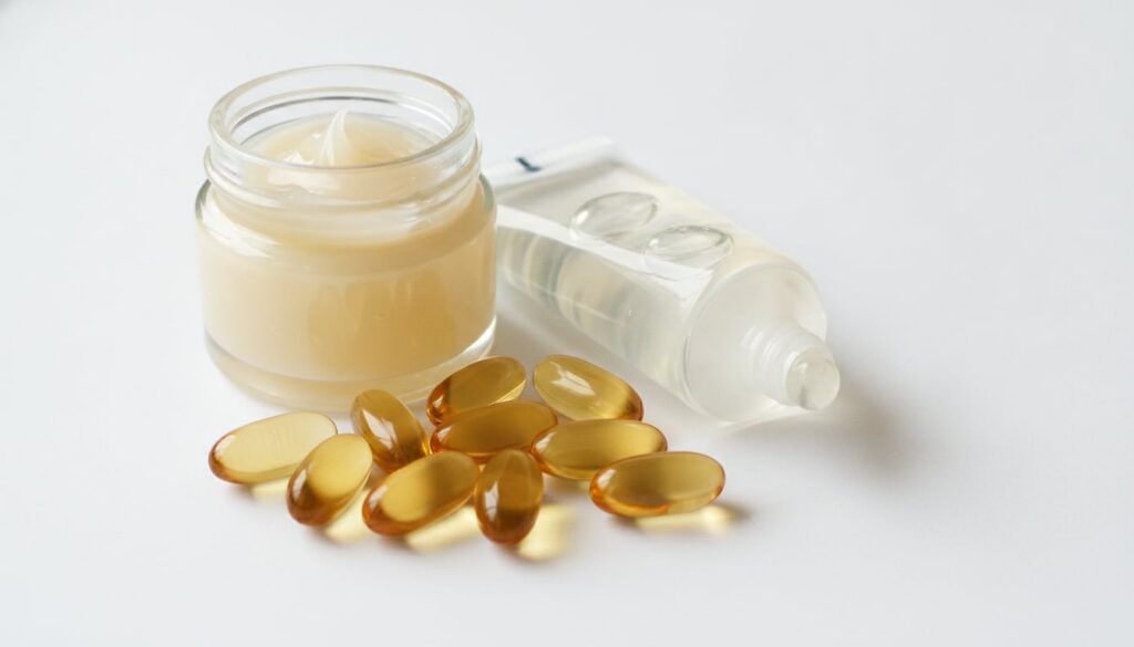 Close-up shot of a small glass jar containing Vaseline a tube of clear aloe vera gel and a few softgel vitamin E capsule