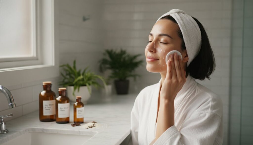 A woman gently dabbing her face with a cotton pad soaked in the rice water and clove toner her skin looking fresh and cl