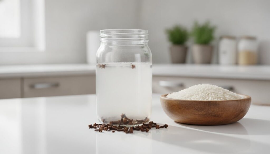 A clear glass jar containing milky white rice water with whole cloves sinking to the bottom placed on a kitchen counter