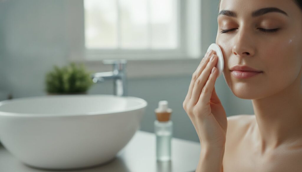 A person gently dabbing their face with a cotton pad soaked in the rice water and clove toner Their eyes are closed in a