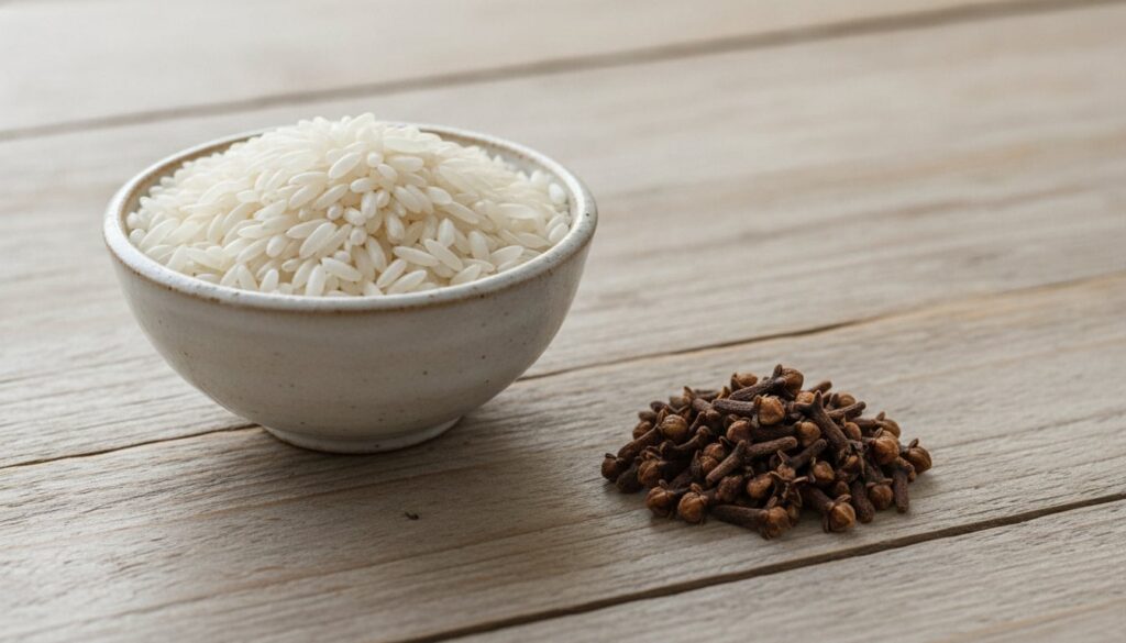 A still life composition showing a small bowl of raw white rice next to a small pile of whole cloves on a rustic wooden 