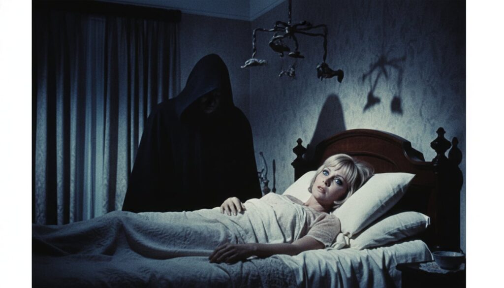 A real film still or poster from Rosemary s Baby featuring Mia Farrow