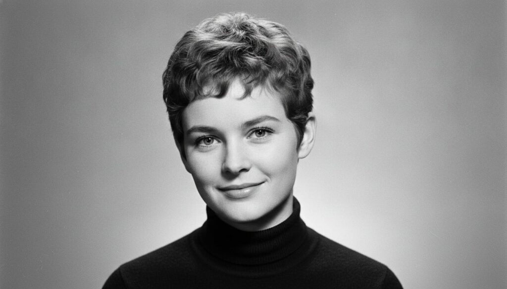 A black and white publicity photo of Mia Farrow from the 1960s showcasing her iconic pixie cut