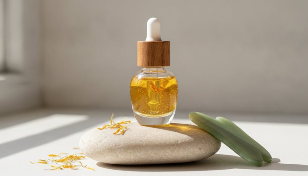 A small elegant dropper bottle filled with golden botox oil placed on a smooth light-colored stone background indicating