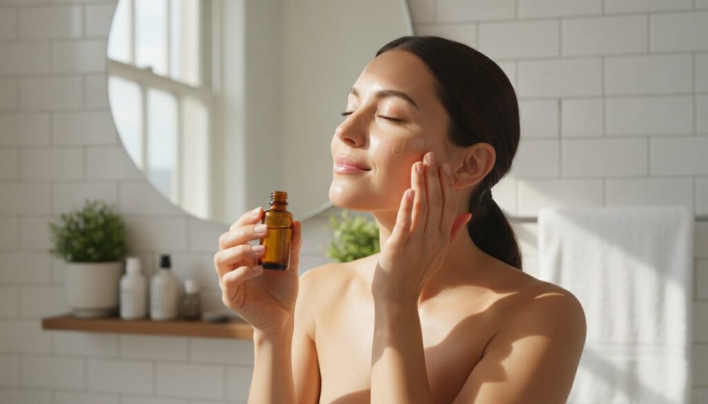 A woman gently massaging the DIY botox oil onto her face in a well-lit bathroom focusing on upward strokes Her skin look