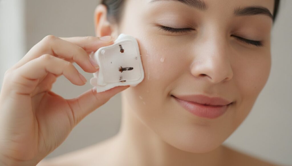 A hand holding a rice water and clove ice cube wrapped in a thin cloth gently gliding it over a woman s cheek and nose a