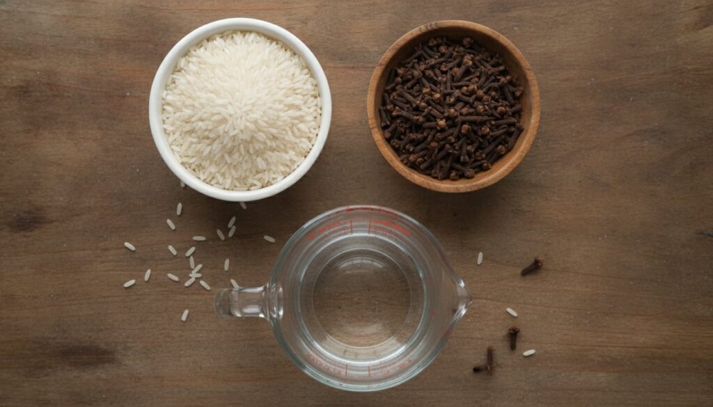 Ingredients for rice water and clove ice cubes laid out a small bowl of uncooked rice a small bowl of whole cloves and a