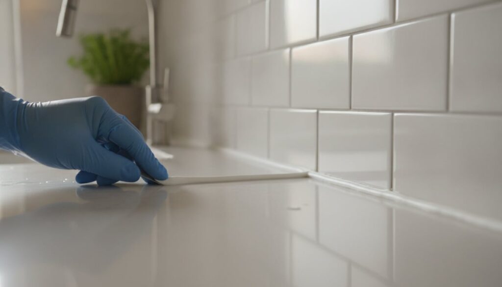 A gloved hand smoothing a bead of white silicone sealant along the joint between a kitchen counter and a tiled backsplas