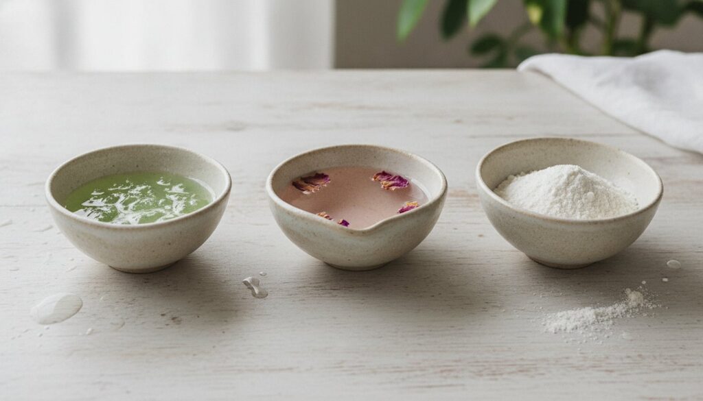 Ingredients for the night gel aloe vera gel rosewater and rice flour in small bowls