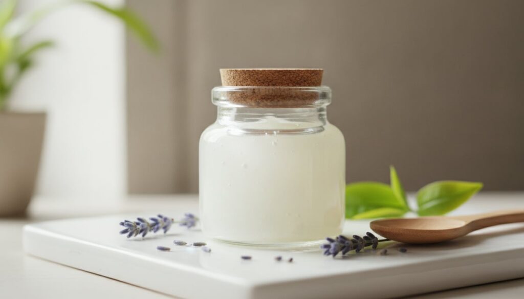 Close-up of a small glass jar filled with a homemade night gel showing its smooth texture