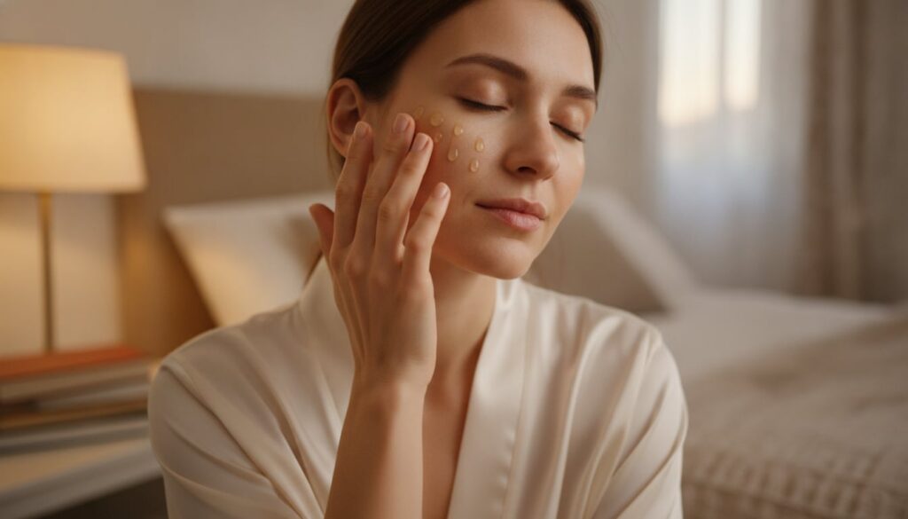 A woman gently massaging a few drops of homemade facial oil into her clean face before bedtime with soft warm lighting H