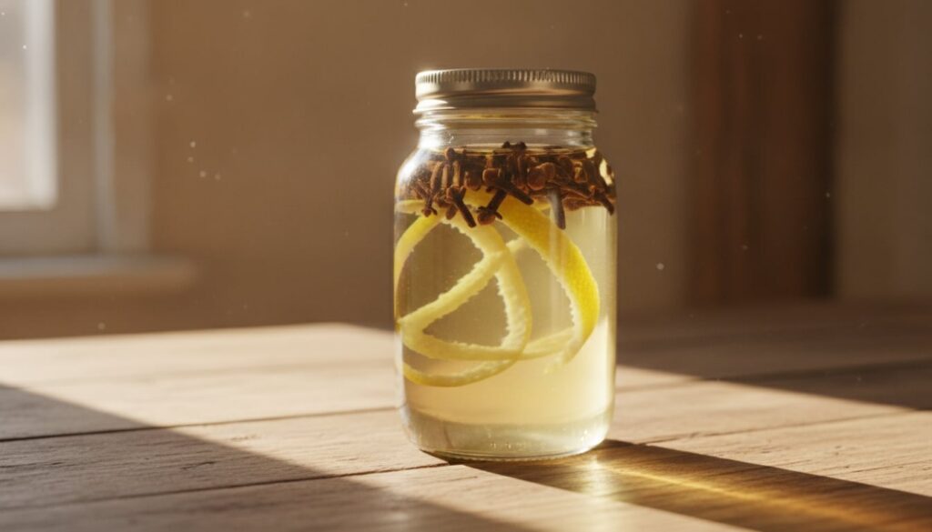 A close-up of a glass jar containing baby oil whole cloves and lemon zest infusing The jar is on a rustic wooden surface