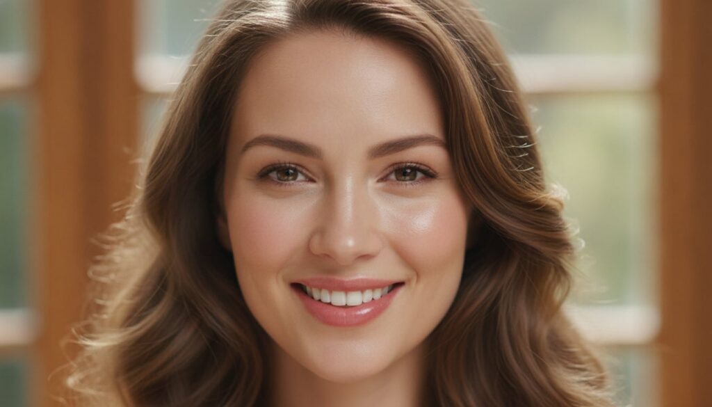 A woman with visibly smooth glowing and radiant skin looking happy and confident The lighting emphasizes her healthy com