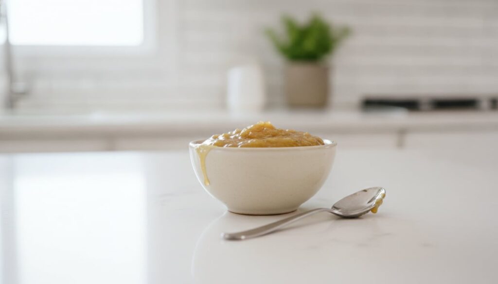 A small bowl containing the mashed banana peel and honey mixture ready to be applied with a spoon beside it The backgrou