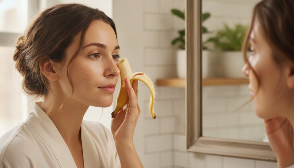 A woman gently applying the banana peel mask to her face looking in a mirror Her skin appears clean and fresh and the li