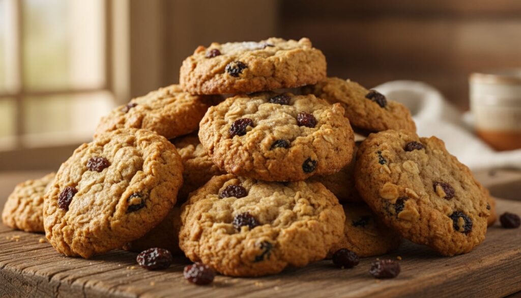 A close-up of soft round oatmeal raisin cookies with plump raisins and visible oat texture stacked on a plate with a war