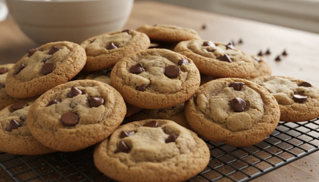 A stack of warm gooey chocolate chip cookies with melted chocolate chips visible on a cooling rack with a glass of milk 