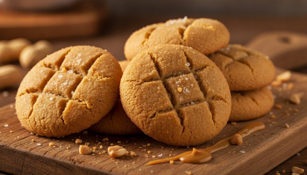 Classic peanut butter cookies with criss-cross fork marks golden brown and perfectly baked on a light background