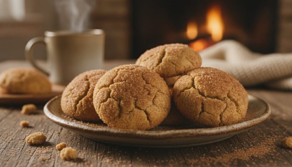 Lightly crinkled snickerdoodle cookies coated in cinnamon sugar warm and inviting on a light background